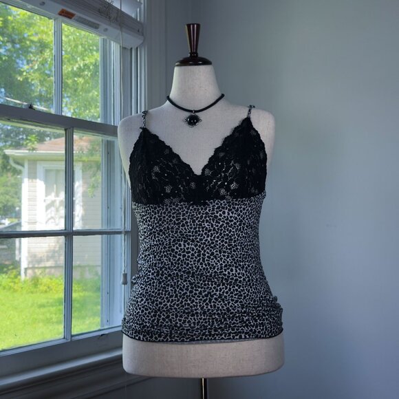 Vintage Tops - Vintage 90s Leopard Print Black Lace Camisole Adjustable Straps Small Mobwife